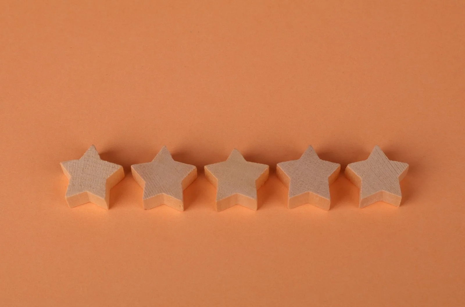 Five wooden star shapes lined up in a row on a plain orange background, representing a five-star customer rating.