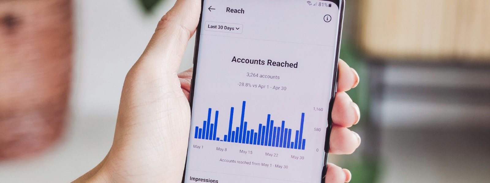 A hand holding a smartphone showing Instagram Reach analytics, with a bar chart of accounts reached over 30 days