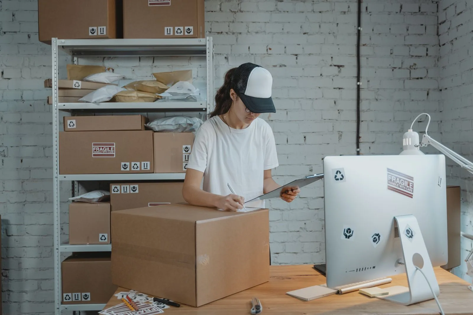 A small business owner in a stockroom of cardboard boxes checks a clipboard while packing orders, the kind of TikTok Shop seller now being enrolled in GMV Max Net Sales Boost.