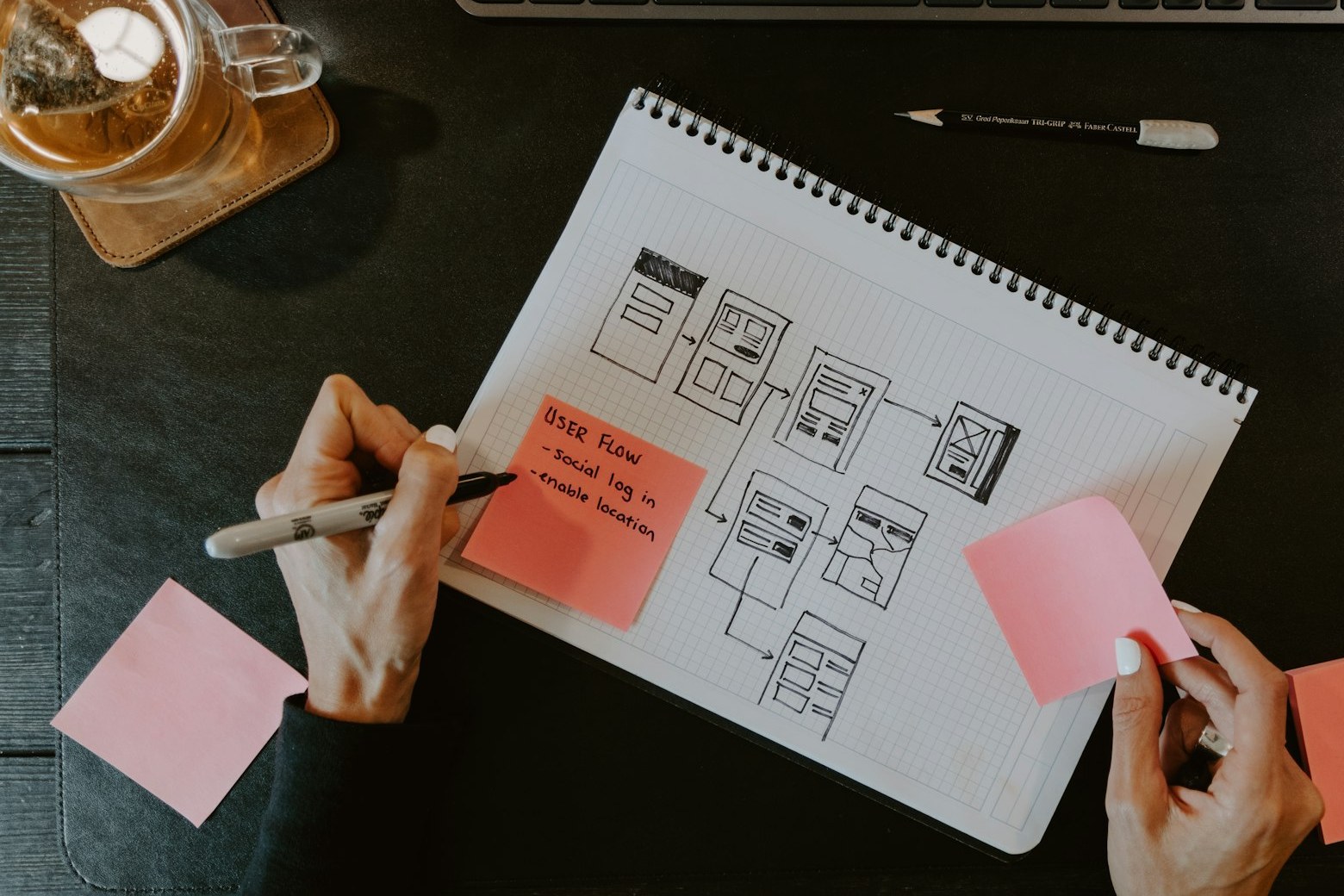 A designer sketching a website wireframe and user flow in a notebook, the planning stage where website redesign SEO should start.