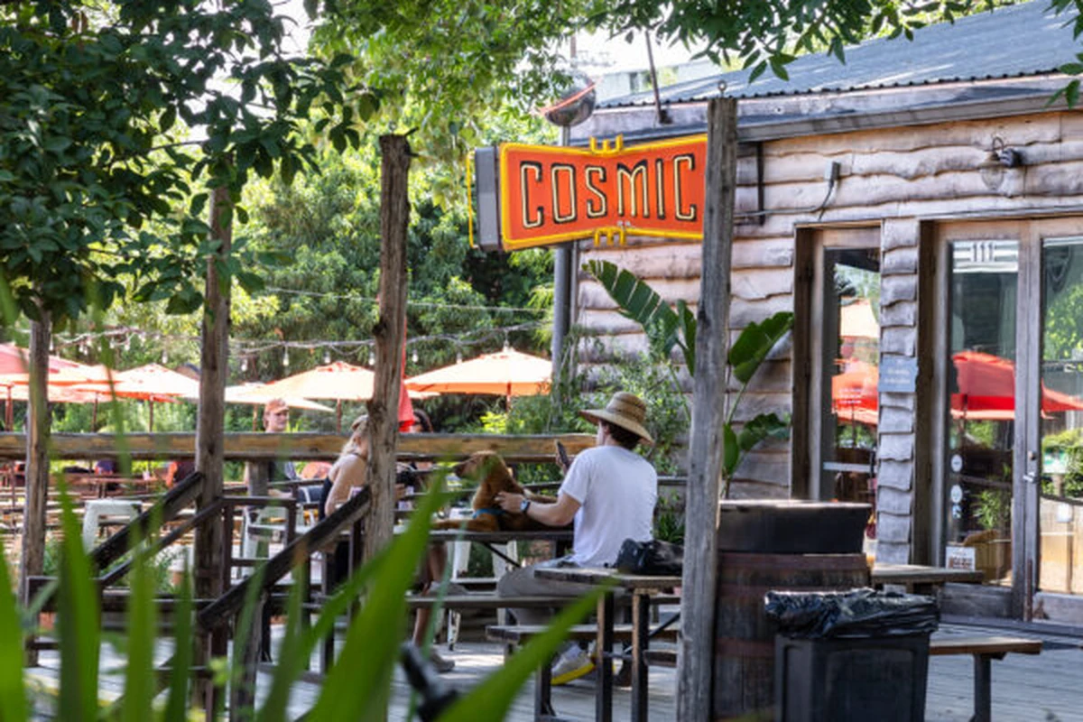 The garden and neon sign at Cosmic Pickle, South Austin